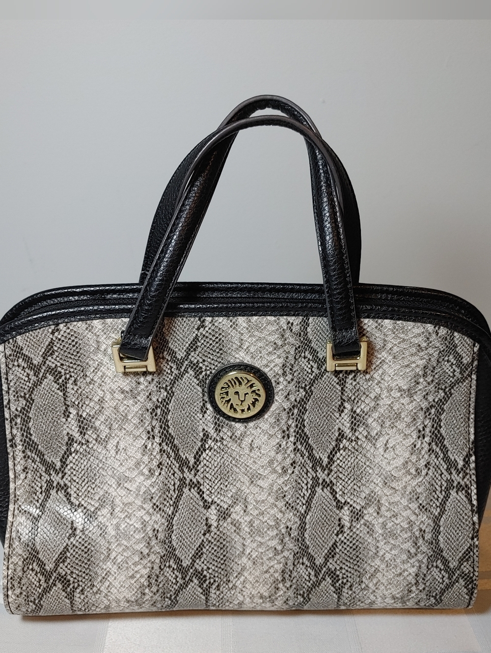 Anne Klein Snake-Print Satchel, Gray With Black and Gold Accents